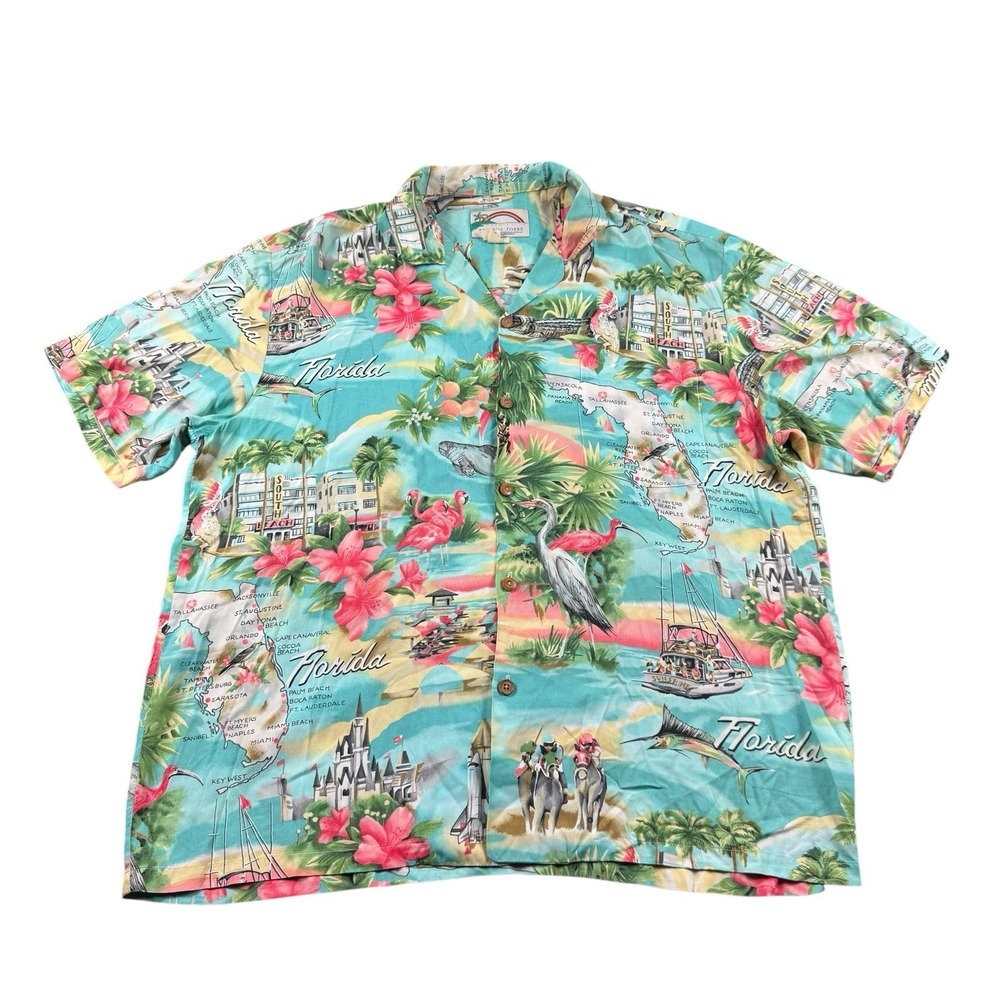 Paradise Found Florida Map Beachy Camp Shirt Short Sleeve Multicolor Men's Large